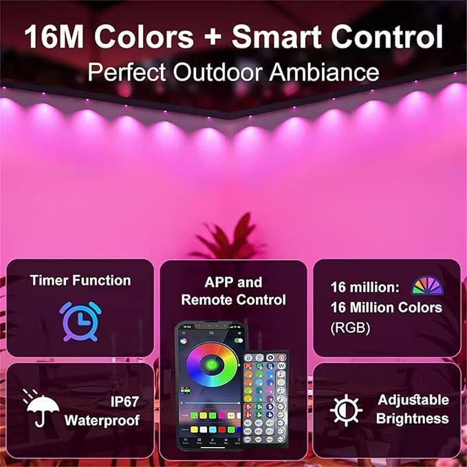 100FT Permanent Outdoor RGB Lights,IP67 Waterproof Smart LED Eaves Lights with App/Remote Control,for Christmas and All Holiday Decor,Daily and Accent Lighting,House Roof and Garden Lighting