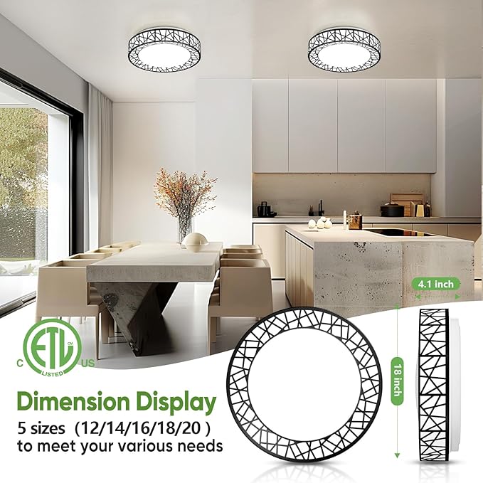 18 Inch Flush Mount Ceiling Light, Modern Black LED Ceiling Light Fixture, 35W 3500LM 2700-6500K Adjustable, Dimmable Ceiling Lights for Bedroom, Kitchen, Hallway, Bathroom, ETL Listed