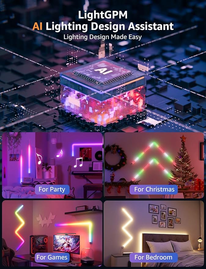 Lepro WL1 AI Smart RGB Wall Lights with LightBeats Music Sync, Personalized AI Lighting Designer, Voice Control Via App, Wi-Fi & Bluetooth LED Light Bars, 8 Pcs with 4 Corners
