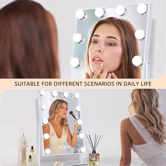 FENCHILIN Lighted Vanity Makeup Mirror with Lights Hollywood Mirror Desk Mirror with Bulbs Light Smart Touch Control 3Colors Dimmable Light Detachable 10X Magnification 360°Rotation