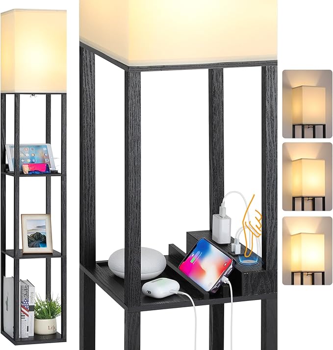 FOLKSMATE LED Shelf Floor Lamp with USB Charging Ports，Type C Port & Power Outlet, 3 Way Dimmable Touch Control Modern Standing Lamps with Shelves for Bedroom, Living Room