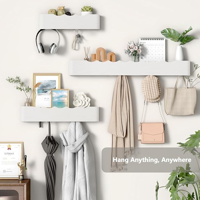 Coat Rack Wall Mount Entryway Organizer Modern Key Holder Wall Mount with Wooden Shelf Entryway Hooks for Bedroom Kitchen Hallway Bathroom for Hanging Coats Hats Dog Leashes Bags Towels