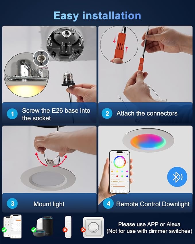 Smart Recessed Lighting 6 Inch, RGBCW Color Changing Smart Can Light Bluetooth Connect, Flicker Free, 13W 1300LM, Dimmable Retrofit Downlight Works with Alexa Voice & App Control, 12 Pack