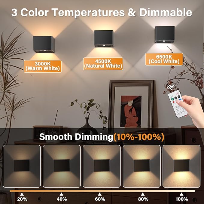 Motion Sensor Wall Light with Remote Control, Rechargeable Battery Operated Wall Sconce with 3 Colors, Wireless Magnetic Wall Lamp, LED Indoor Up and Down Wall Mount Light, Black, 2-Pack