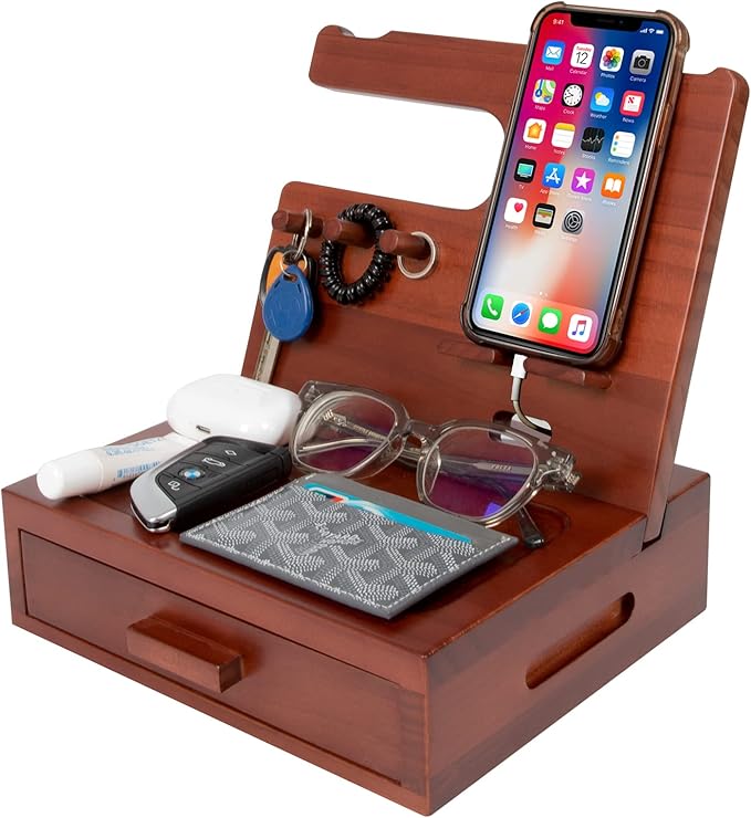 Solid Wood Nightstand Organizer, Docking Station, Gifts for Men, Made of Cedar, Versatile Bedside Table Organizer for Cellphone, Watch, Headphone, Keys Walnut wood