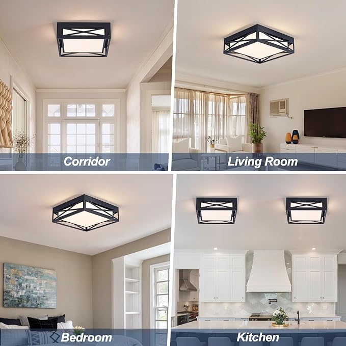 Modern LED Ceiling Light Fixture, Square LED Flush Mount Hallway Light Fixtures, Farmhouse Black Close to Ceiling Light for Hallway Bedroom Balcony Porch Stairway Ceiling Lamp (Square, 3000K)