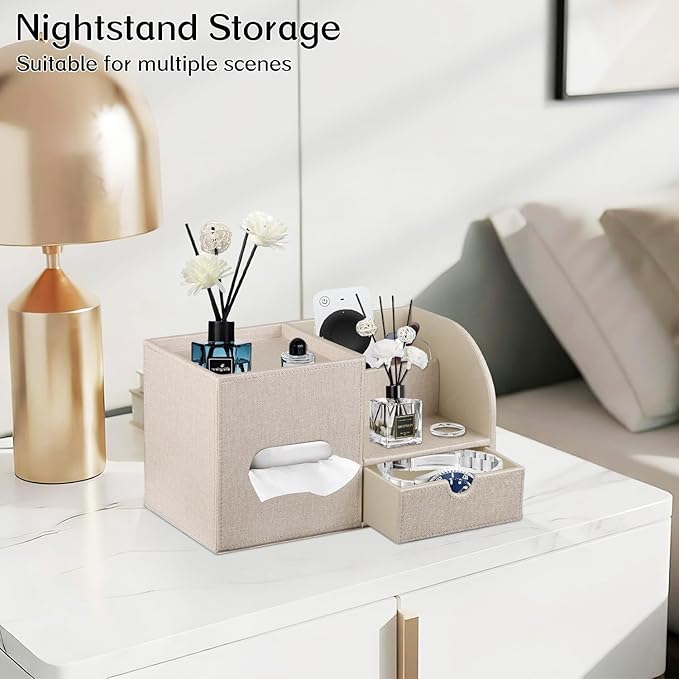 Fanousy Square Tissue Box Cover with Drawer Storage and Tray on Top, PU Leather Tissues Cube Boxes Holder, Modern Nightstand Organizer Caddy, Remote Control Holder for Bathroom, Bedside, Office, Home