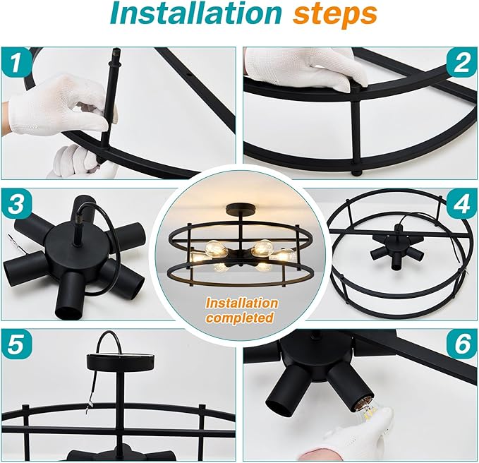 Large Semi Flush Mount Ceiling Light Fixture Black Cage Ceiling Light 6 Light Chandelier for Kitchen Dining Room Entryway Living Room Bedroom Foyer