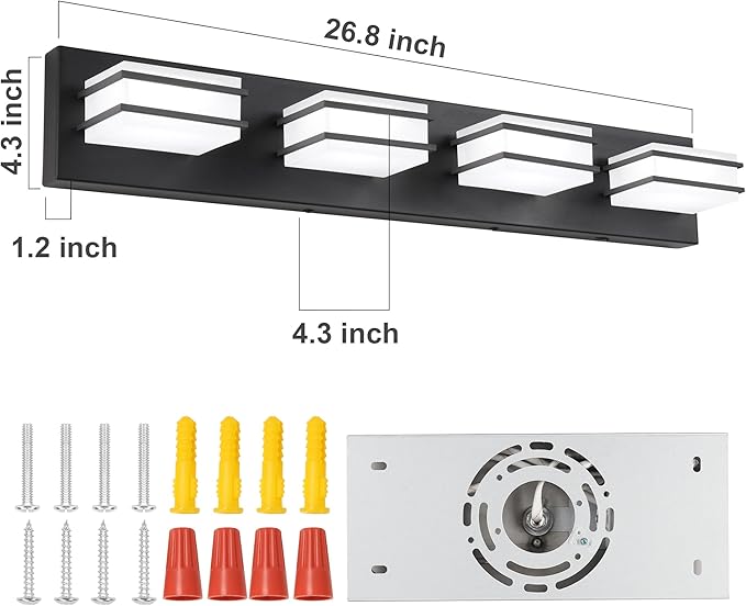3 Color Temperature Dimmable Bathroom Light Fixtures Over Mirror, LED Black 4 Light Vanity Lighting Fixtures, Acrylic Stainless Steel Square Shade Vanity Lights for Bathroom, ETL Certificated