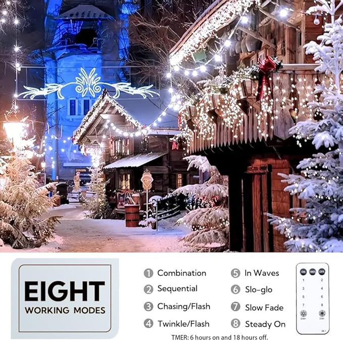 200L Christmas String Lights with Cool White Bulbs, 66FT Connectable String Light, 8 Lighting Modes with Green Wire for Garden, Tree, Patio Decor Christmas Decoration