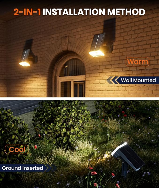 8-Pack Solar Spot Lights Outdoor Waterproof IP67, 3 Color Modes (Warm/Cool White/Hybrid) & 3 Lighting Modes, 105° Adjustable Uplights Dusk to Dawn Spotlights for Pathway/Garden/Yard/Wall Lighting
