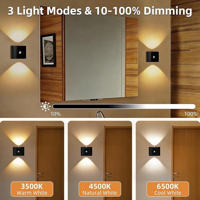 2 Pack Motion Sensor Wall Light, Rechargeable Wall Sconce with 3 Color Temperatures and Brightness Adjustable, Wireless Magnetic Mount for Bedroom, Stair, Hallway, Closet (Black)
