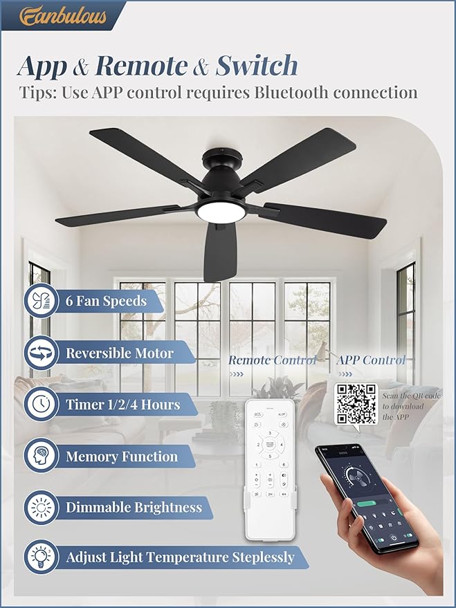 Fanbulous 52 inch Ceiling Fans with Lights, Smart Flush Mount Ceiling Fan and Remote APP, Modern Low Profile, 3CCT 20W LED with 6-Speeds Quiet Reversible Motor for Bedroom, Living Room, Kitchen, Black