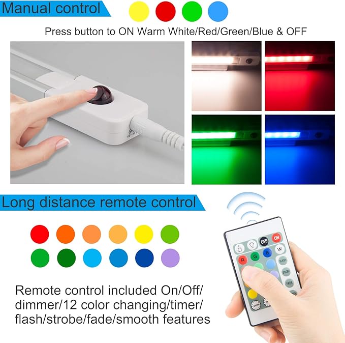 BIGMONAT Under Cabinet Light with Remote, Stick on Color Changing Under Counter Lighting, Plug in RGB LED Light Bar with Timer for Kitchen Sink Shelf Cupboard Closet Pantry Desk TV Stand Backlight