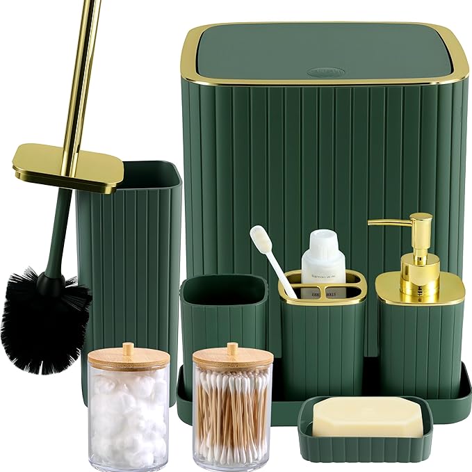 Bathroom Accessories Set-9PC Set, Complete Bathroom Decor & Home Decor, Bathroom Set with Toilet Brush, Trash Can, Soap Dispenser,Modern Home Bath Essentials (Green&Gold, Bath Set)