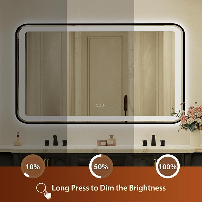 36x60 Inch LED Bathroom Mirror with Black Frame,Front and Backlit Vanity Mirror, Stepless Dimmable Wall Mirrors with Anti-Fog, 3 Colors, Memory, Waterproof, LED Smart Bathroom Mirror