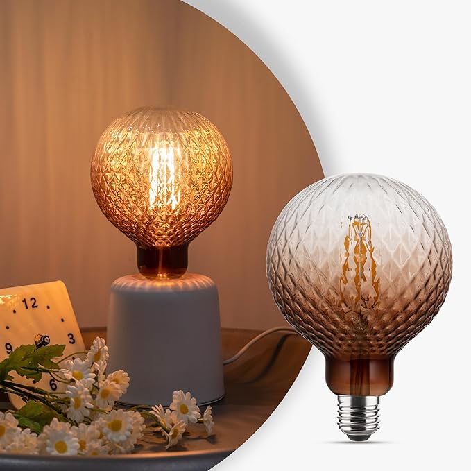 Vintage Edison LED Bulbs, Dimmable 4W Globe G125, 2200K Warm White Ambient Mood Lighting for Decoration, Squirrel Cage Filament, Gradient Brown Diamond Figure Glass LED Light Bulbs, E26 Base
