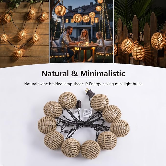 Outdoor-String-Lights-Waterproof, Boho String Lights for Patio, Garden, Porch, Balcony, Gazebo Decorative (Twine Ball)