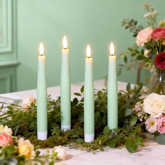 Green Flameless Taper Candles, Spring LED Flickering Taper Candles Battery Operated with Remote Timer, 4 Pcs Flameless Candlesticks for Spring Wedding Home Decorations(D0.78” x H8.1”)
