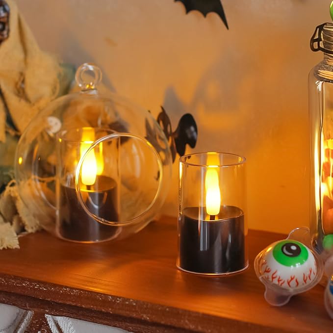 8pcs Halloween Battery Operated 1.7" x2.5" Clear Acrylic Remote LED Tea Lights, Flameless 2/4/6/8h Timer Fake Black Bulk Votive Candles with Batteries, Flickering Pure Plastic Tealights