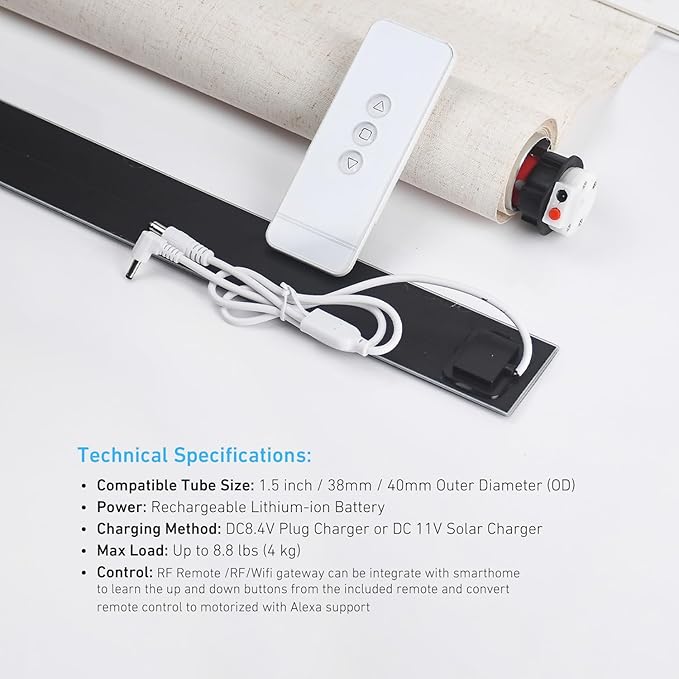 Rollerhouse ERB25 Battery Roller Shade Motor for DIY Electric Roller Blind/Shade Tubular Motor for 1.5 inch/38/40mm Tube