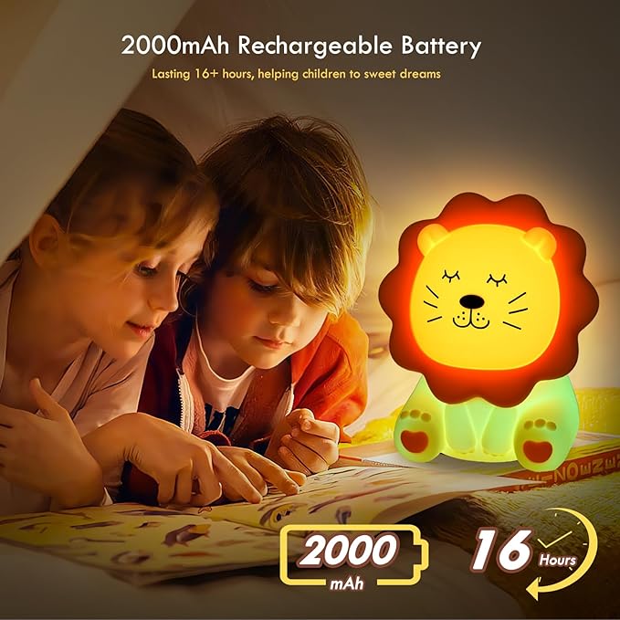 Night Light for Kids, 7 Colors Soft Silicone Kids Night Light with 3 Level Dimmable, Rechargeable Anti-glare Nursery Night Light with Warm White & Multicolor, Squishy Cute Lion Bedside Touch Lamp