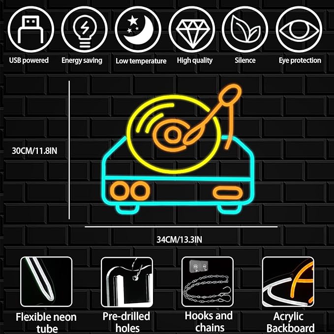 Vintage Record Player Neon Sign for Wall Decor, Colorful Music Record Neon Light,Dimmable Music LED Light Up Sign for Bar, Party Wall Art