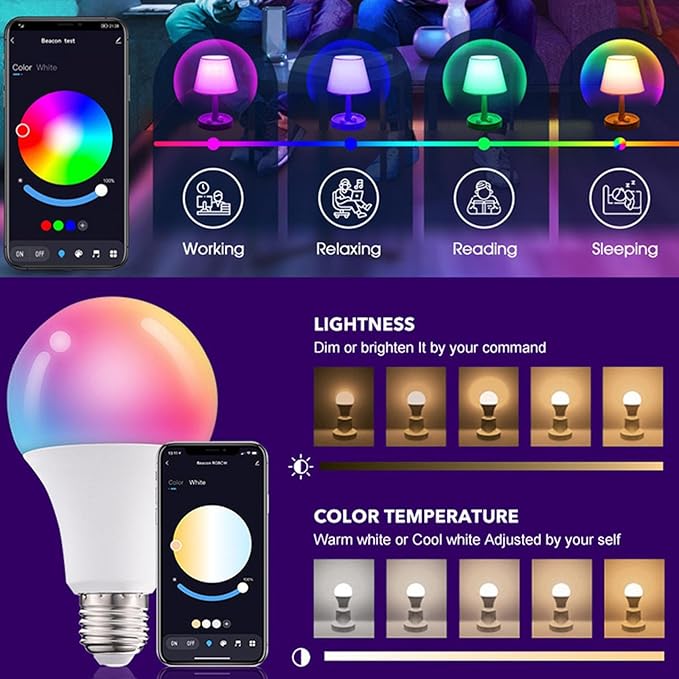 Smart Light Bulbs,WiFi & Bluetooth LED Light Bulb That Compatible with Alexa & Google Home, Color Changing Light Bulb, 10W A19 E26 2.4Ghz WiFi Light Bulbs 60 watt Equivalent, 800lm Dimmable