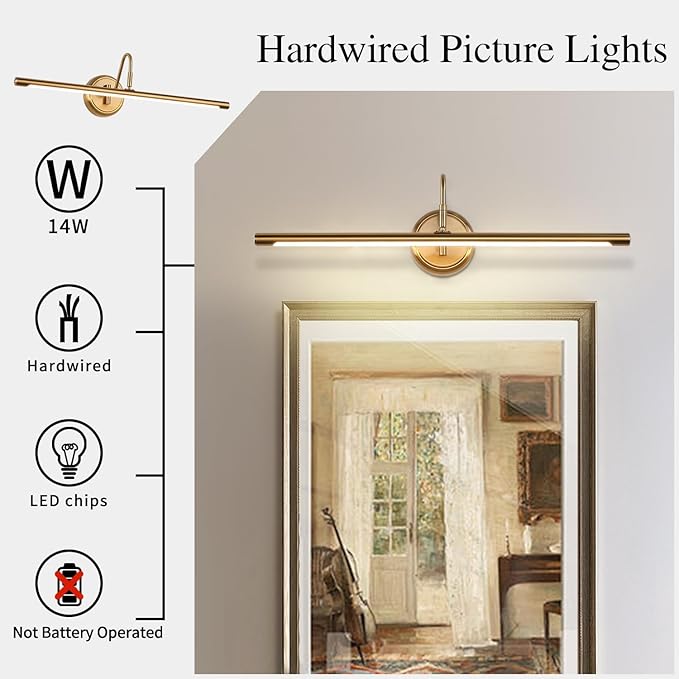JOOSENLUX Picture Lights 24.4'' Inch Brass for Painting Display Wall Mount Brief Metal Artwork LED Wall Sconces Lamps14W(70W Eqv.),Warm White 3000K,Hardwire Swing Arm