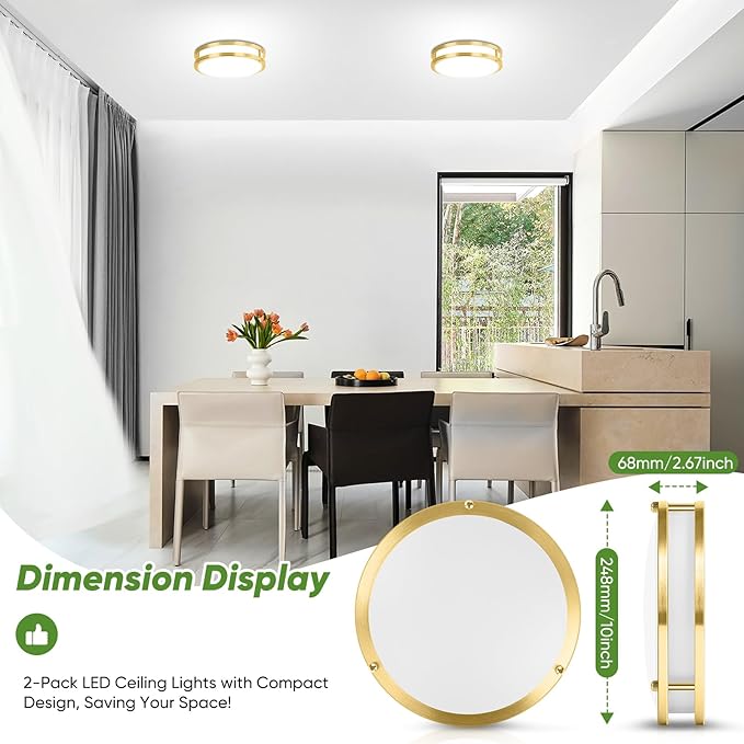 10 Inch LED Flush Mount Ceiling Lights, Gold Kitchen Lighting Fixtures with 2700K/3000K/4000K/5000K/6500K 5 Color Adjusted, Dimmable Modern Round LED Lights for Bedroom Living Room Laundry, 2-Pack