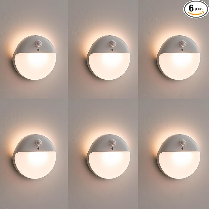 6 Pack Stair Lights Indoor, 2.6" Small Stick on Lights, Dimmable Motion Sensor Night Light, 3 Light Modes, Portable Battery Night Light for Corners, Cabinet, Toilet, Bedroom, Kids, Warm White