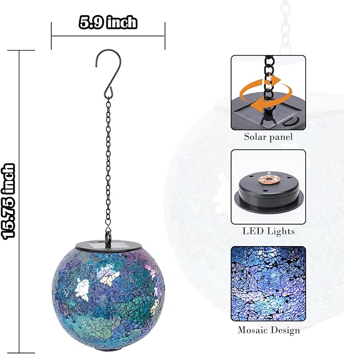 Solar Hanging Lantern Solar Outdoor Lanterns Mosaic Gazing Ball Outdoor Hanging Lights Outdoor Lights Waterproof Garden Patio Pathway & Yard Décor Blue