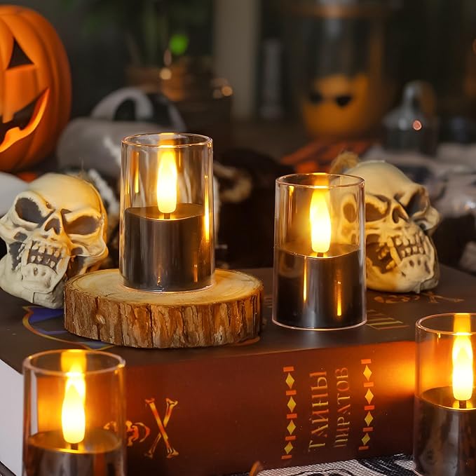 8pcs Halloween Battery Operated 1.7" x2.5" Clear Acrylic Remote LED Tea Lights, Flameless 2/4/6/8h Timer Fake Black Bulk Votive Candles with Batteries, Flickering Pure Plastic Tealights