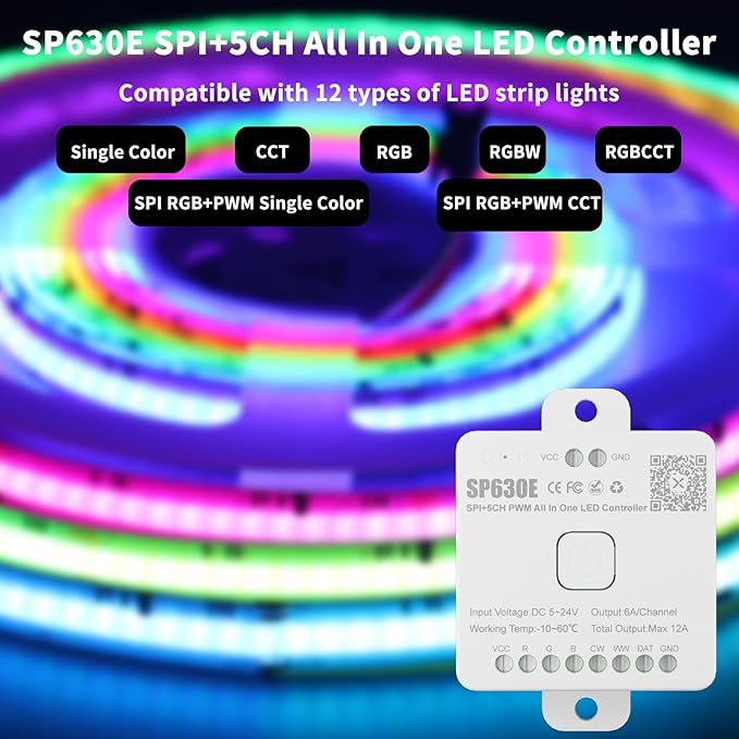 12-in-1 SP630E LED Controller, Bluetooth Music Sync App Control Support DC5-24V PWM Single Color CCT/RGB/RGBW/RGBCCT & SPI IC Chip COB SMD LED Strip Lights