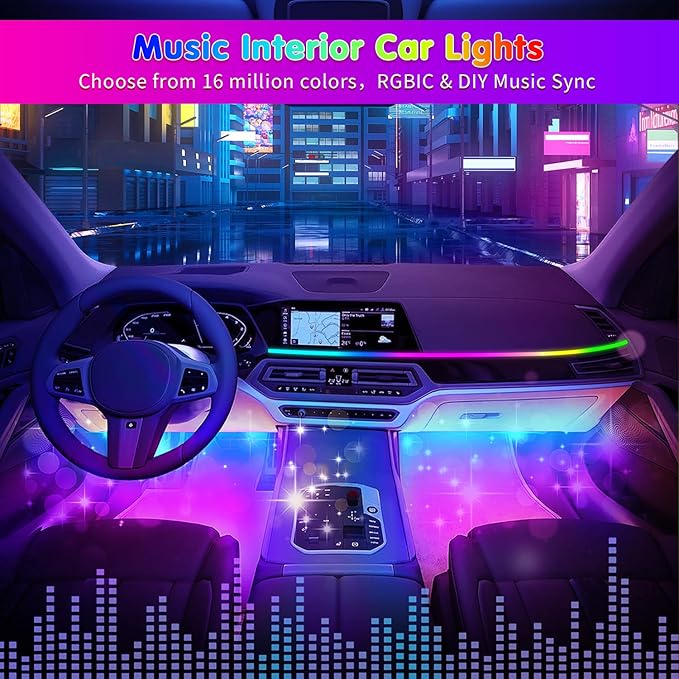 Car Led Light Interior, RGB Dreamcolor Inside Light Music Sync, Under Dash Footwell Automotive Strip Light, 12V Acrylic Strip Light for Vehicle, Truck,Jeep, SUV with Car Charger(1set)
