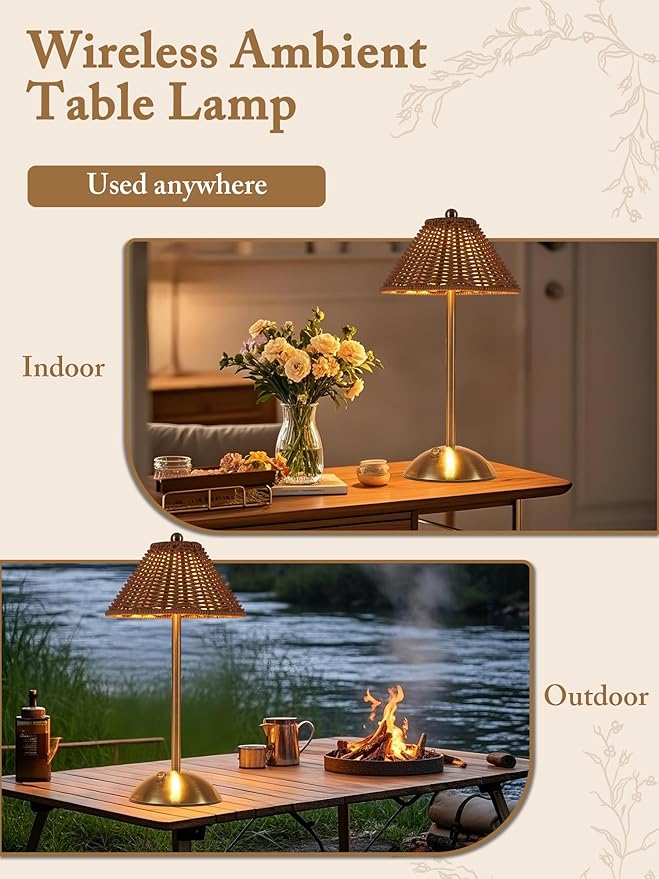 2 Pack Boho Rattan Table Lamp,Wicker Night Light,LED Rechargeable Reading Lights,3 Color Touch Control Dimmable Bedside Lamps Living Room Bedroom Office Lighting Home Outdoor Decor