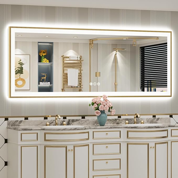 84x32 Gold LED Bathroom Mirror with Lights, Brushed Gold Framed Backlit and Front Lit Anti-Fog Lighted Vanity Mirrors for Bathroom Wall, Dimmable, 3 Colors, Memory, HD Tempered Glass, CRI＞90
