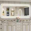 84x32 Gold LED Bathroom Mirror with Lights, Brushed Gold Framed Backlit and Front Lit Anti-Fog Lighted Vanity Mirrors for Bathroom Wall, Dimmable, 3 Colors, Memory, HD Tempered Glass, CRI＞90