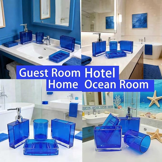 4-Piece Serene Blue Acrylic Bathroom Accessories Set — Soap Dispenser, Toothbrush Holder, Soap Dish & Mouthwash Cup, Vanity Countertop Organizer for Blue Coastal Bathroom Decor