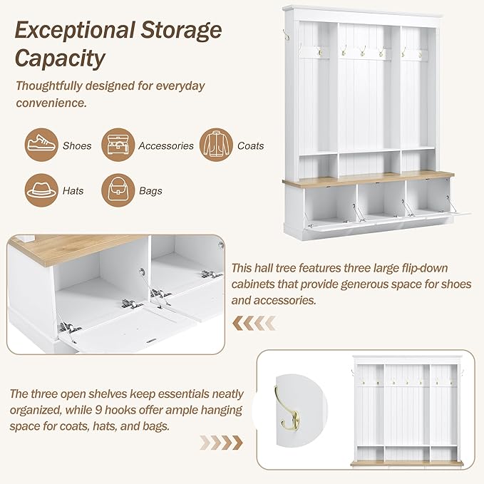 LUMISOL Hall Tree with Storage Bench and Shoe Storage, Coat Rack with Shelves and 9 Hooks, LED Light Entryway Bench with 3 Large Cabinets, for Entrance Mudroom Living Room, White