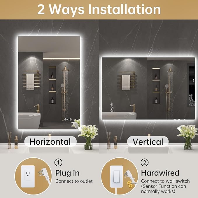 LOVESPEJO 24"x36" Backlit Mirror Bathroom, LED Bathroom Mirror with Motion Sensor, Fogless, Dimmable, 3 Color Changing, Shatterproof, Horizontal/Vertical