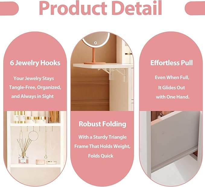 Vanity Desk with Mirror and Lights & Extral Foldable Desk, 31.5" & 39.3" Makeup Vanity Table with 5 Drawers and 3 Open Shelves, Dressing Table for Bedroom, White (White 11)