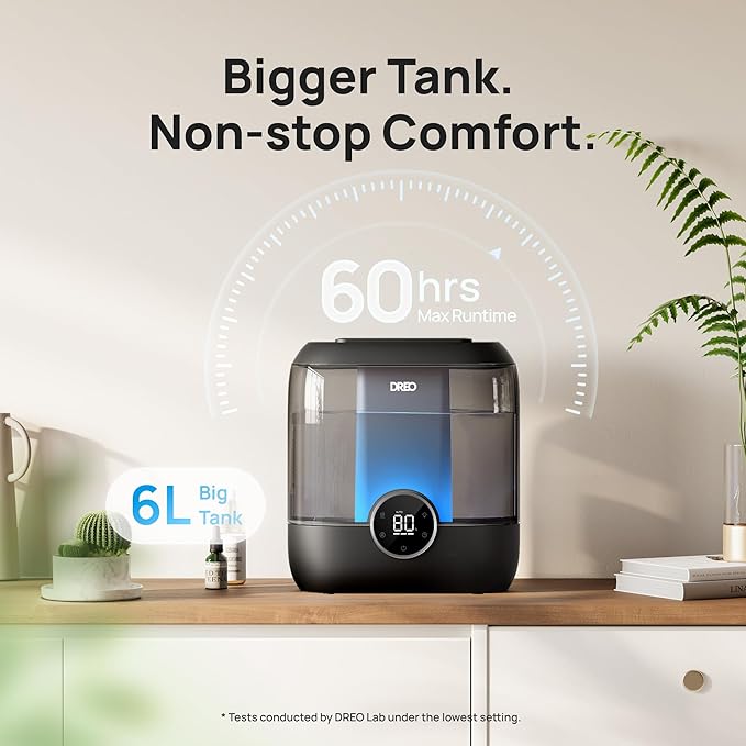 DREO 6L Top Fill Humidifiers for Bedroom, 60H Runtime, 28 dB Quiet Supersized Cool Mist Humidifiers for Large Room, Ultrasonic Humidifier for Home, Plant, Baby, Night Light, Indoor