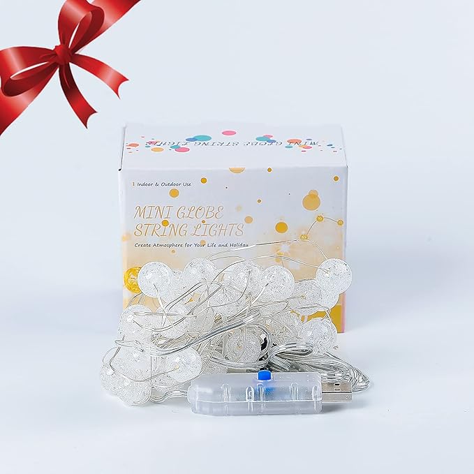 Globe String Lights,10FT 30 LED Decorative Christmas Lights,8 Modes Crystal Crackle Ball Lights,USB Twinkle Fairy Lights for Bedroom,Indoor,Outdoor,Classroom,Wedding,Party,Garden,Warm White