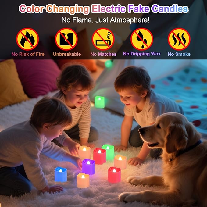 PChero Rechargeable Flameless Candles with Remote Timer & Charging Base, 12 Pack 9 Color Changing Tea Lights Battery Operated, LED Votive Candles for Halloween Pumpkin Christmas Party Home Decor