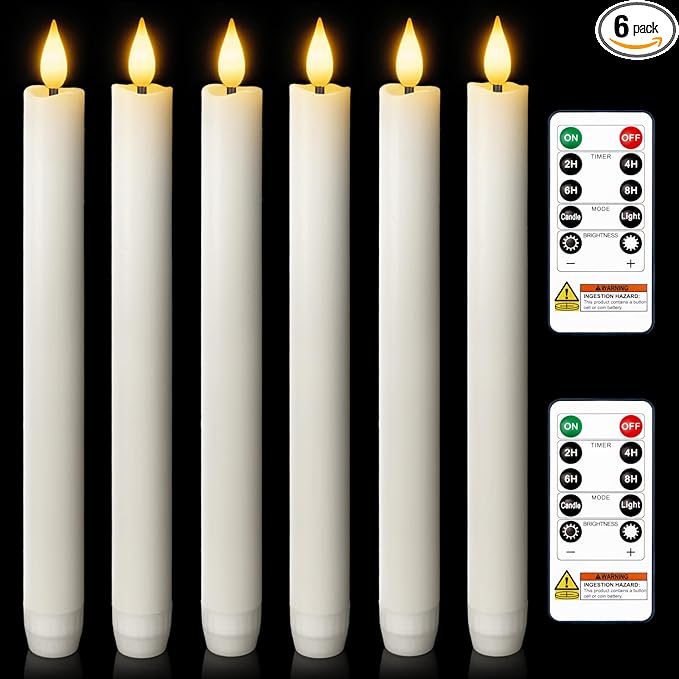 Homemory 6 Pcs Wax Flameless Taper Candles with Remote Timer and Dimmer, White Candle Sticks Battery Operated, LED Window Candles with Flickering Light, 9.6 Inches for Wedding Home Indoor Decoration