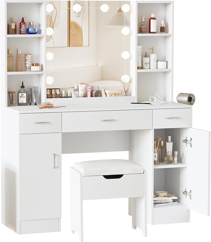 Makeup Vanity Table with Lighted Mirror & Power Outlets, Large Vanity Set Vanity Desk with Storage Stool, 3 Lighting Modes, Brightness Adjustable, 45inch, White