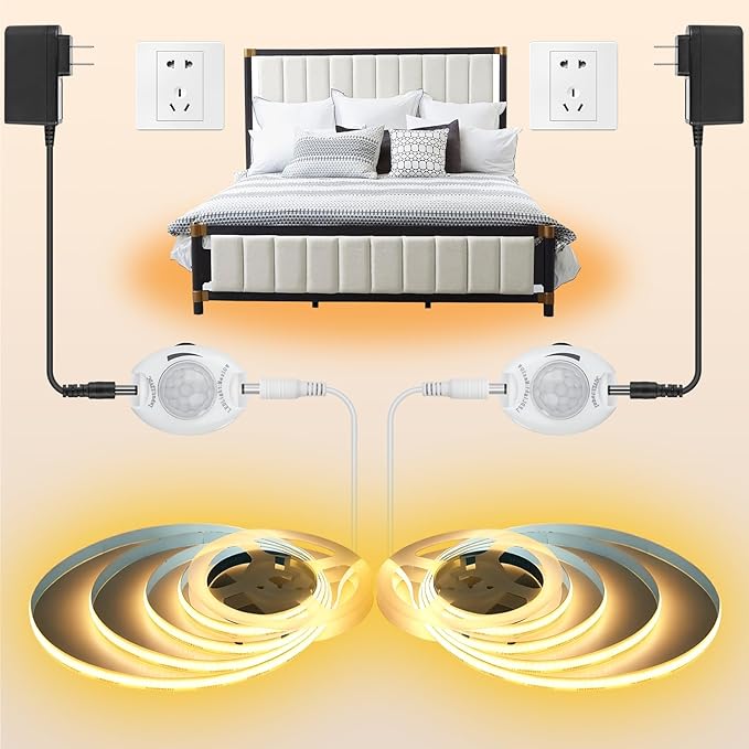 Under Bed Lights Motion Sensor COB Strip, 2-Pack of 6.56Ft Warm White Motion Activated LED Strip Lights with Dimmer, 12V Motion Sensor LED Light Strip Indoor for Bedside Cabinet Kitchen Closet Stair