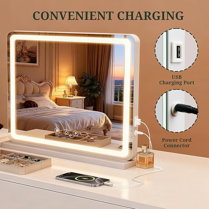 Vanity Mirror with Lights, LED Makeup Mirror with 3-Color Dimmable Lighting, Smart Touch Control, Memory Function, Tabletop Lighted Mirror for Bedroom, Dressing Room