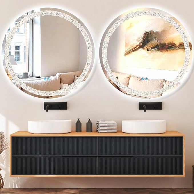 THEKLA 30 inch Crystal Round Lighted Mirror for Bathroom Makeup Wall Mounted Crystal Round Vanity Mirror with Lights Smart Memory 3 Color Dimmable AntiFog 30" Diamond Circle LED Light up Mirrors